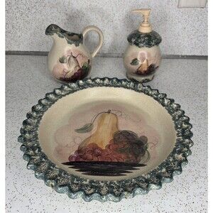 Country Crafts Pottery Spongeware Pear & Grapes Plate Pitcher Soap Dispenser Set